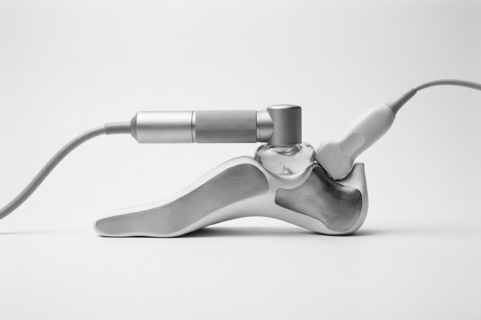 Aplicacion de f-ESWT en calcaneo: transductor sobre almohadilla de gel con guia ecografica localizando entesis de la fascia plantar