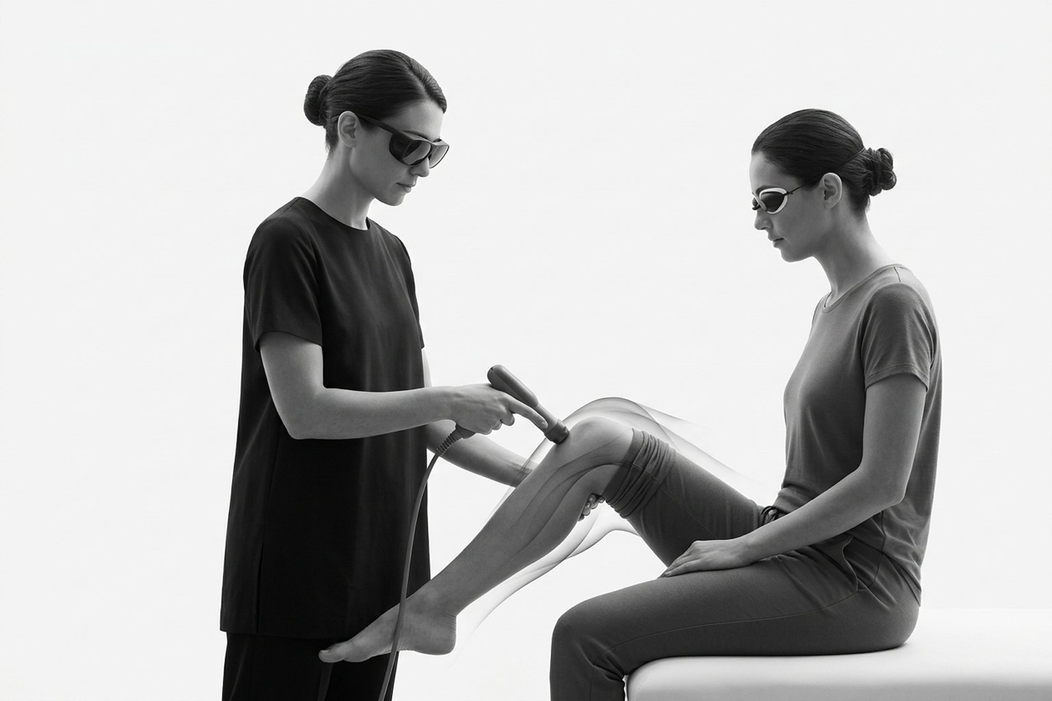 Aplicación de HILT en rodilla con artrosis: el operador y el paciente utilizan gafas de protección; el aplicador se desplaza en movimiento continuo sobre el compartimento medial