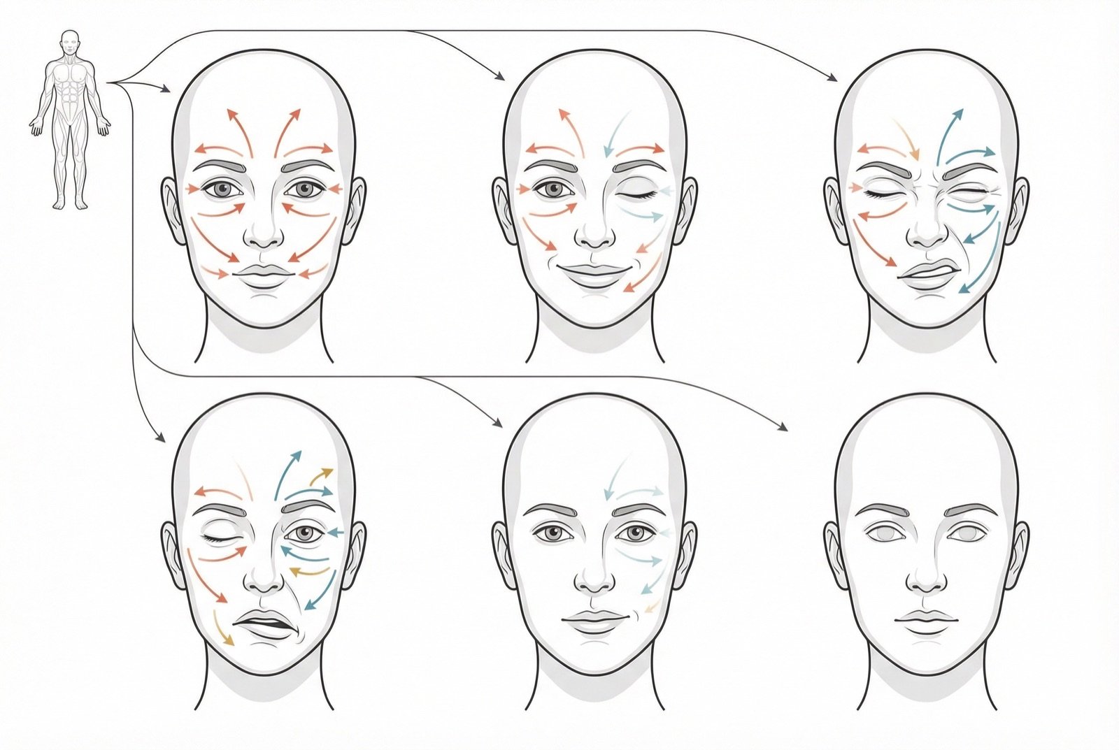 Escala de House-Brackmann para la graduación de la parálisis facial: grados I (normal) a VI (parálisis total) con ilustraciones faciales correspondientes