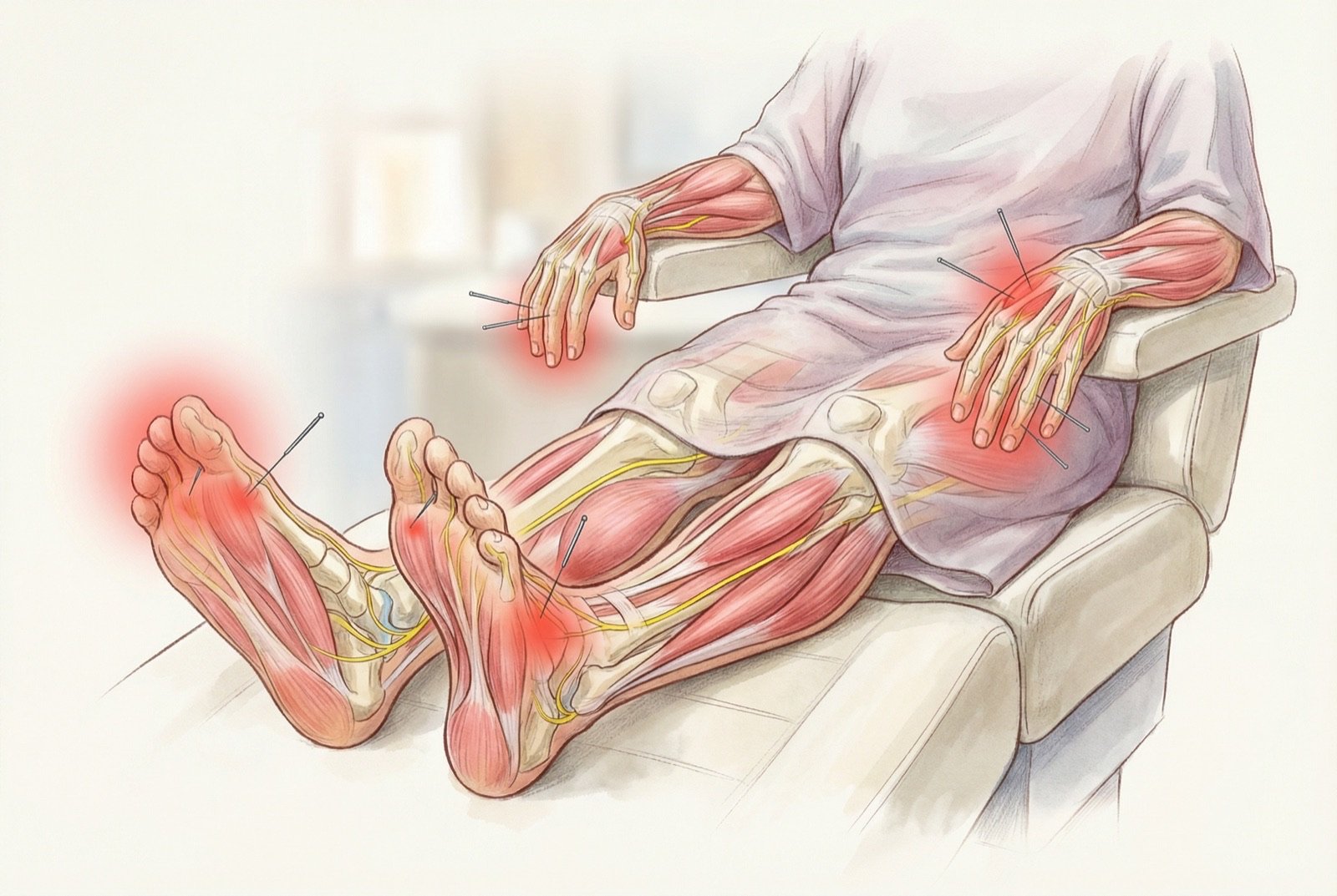 Acupuntura para neuropatía por quimioterapia: estimulación de puntos distales en manos y pies para modulación del dolor neuropático y mejoría de la función sensorial
