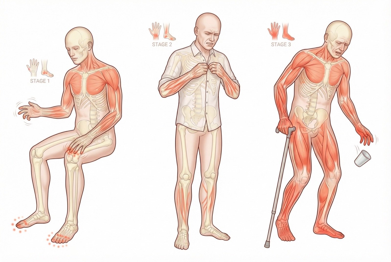 Progresión de los síntomas de la neuropatía por quimioterapia: parestesias distales iniciales que pueden progresar a dolor, debilidad y dificultad funcional