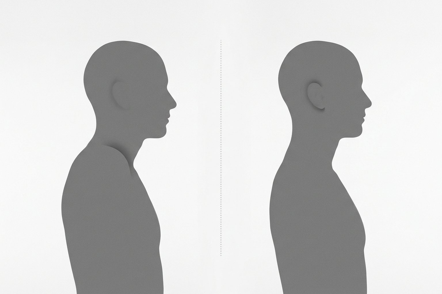 Comparación antes/después del tratamiento: silueta lateral mostrando hombro elevado (preacupuntura) frente a hombro en posición fisiológica (postacupuntura), con indicación del cambio en la distancia hombro-cabeza y la implicación para la altura de la almohada