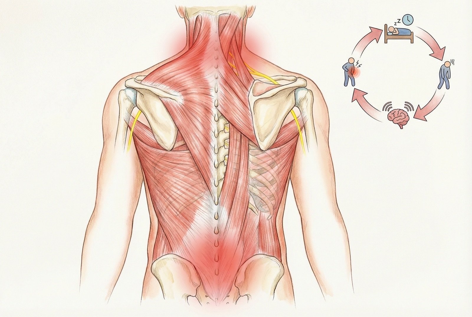 Ciclo vicioso de la fibromialgia: dolor → trastorno del sueño → fatiga → sensibilización central → más dolor