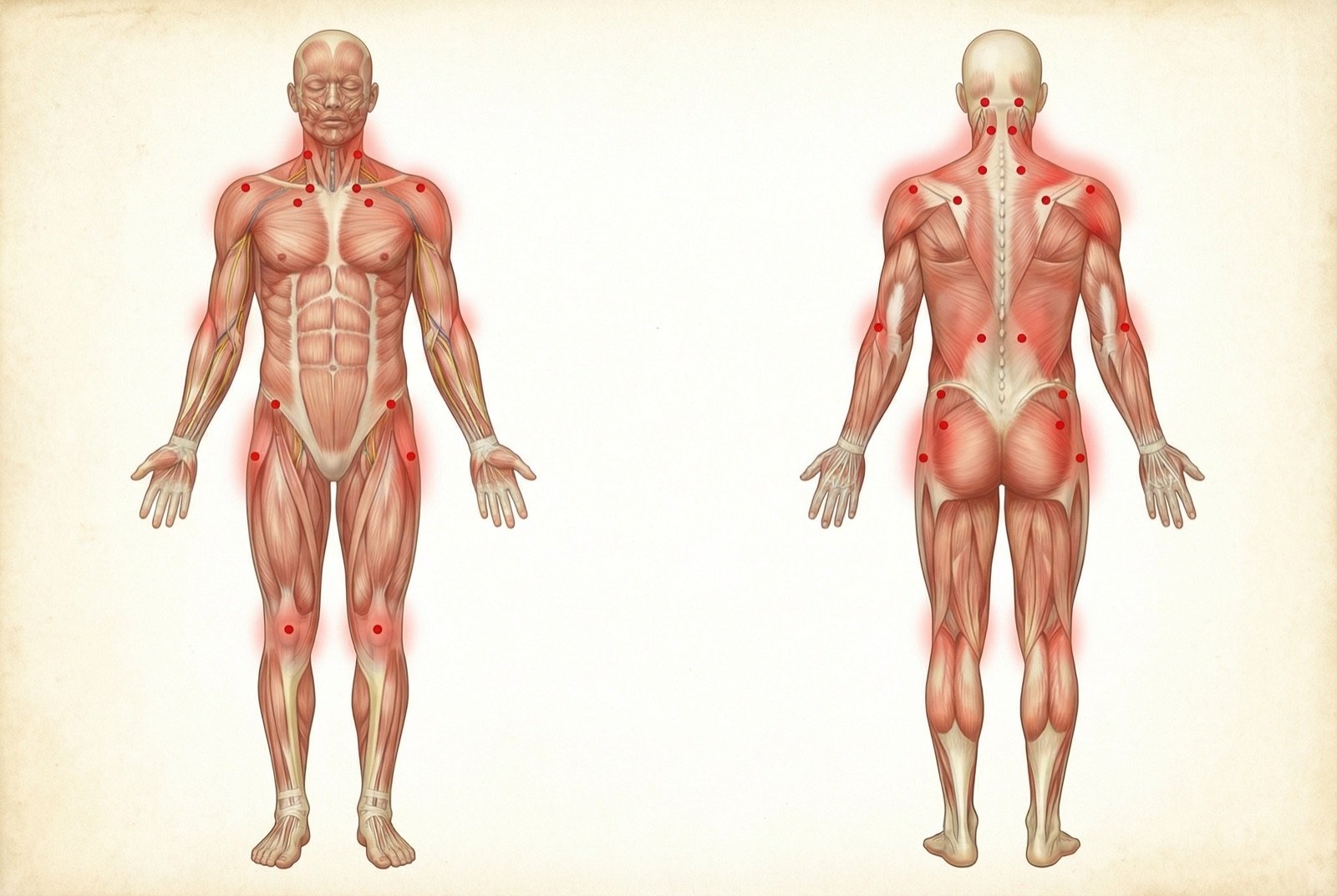 Mapa corporal de la fibromialgia: áreas de dolor difuso y los 18 puntos sensibles clásicos (tender points) utilizados en el diagnóstico histórico