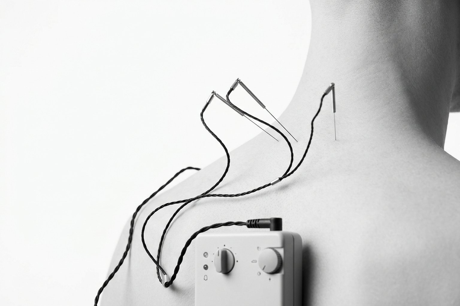 Foto clínica: electroacupuntura en punto gatillo del trapecio superior — agujas con cables conectados al electroestimulador, frecuencia alternada 2/100 Hz