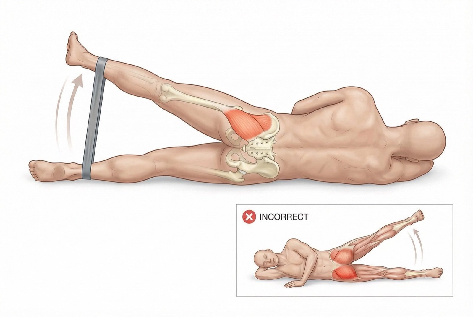 Ejercicio de fortalecimiento del glúteo medio en decúbito lateral: abducción de la cadera con la rodilla extendida, manteniendo la pelvis estable y sin rotación del tronco. Progresión: añadir tobillera o banda elástica según tolerancia.