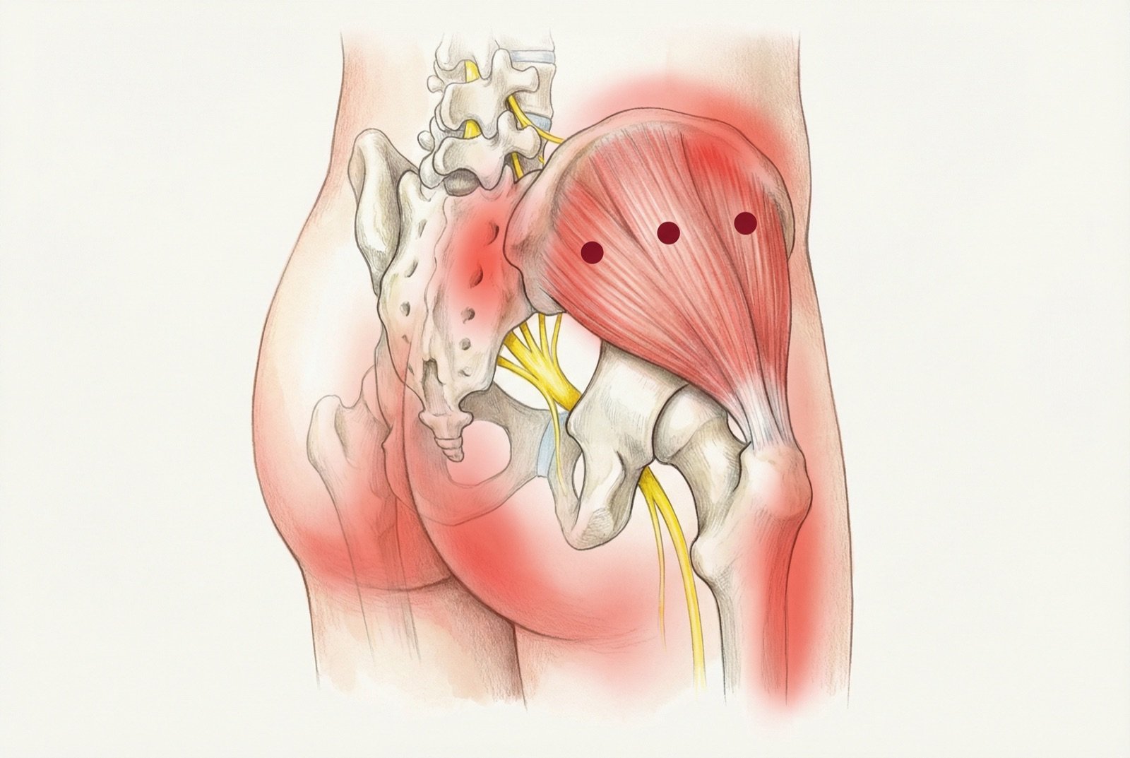 Puntos gatillo del glúteo medio: TrP1 (porción posterior — dolor sacroilíaco y nalga central), TrP2 (porción media — dolor lateral de cadera y trocánter), TrP3 (porción anterior — dolor lumbar bajo y posterior del muslo). Patrón de dolor referido de cada punto en rojo.
