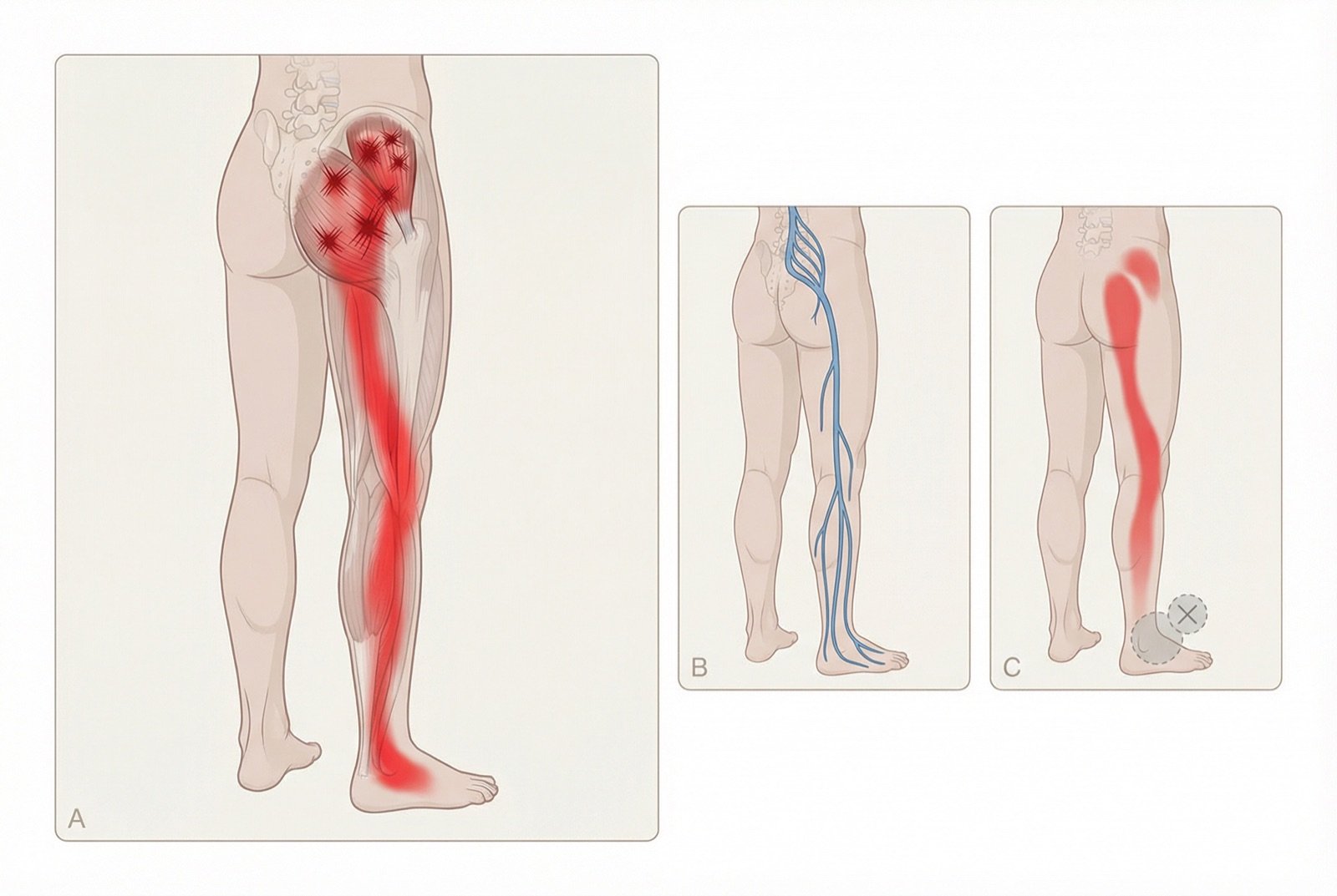 Puntos gatillo del glúteo menor y sus patrones de dolor referido: TrP1 anterior con dolor por la cara lateral de la pierna (simula L5) y TrP2 posterior con dolor por la cara posterior del muslo y la pierna (simula S1/ciática clásica). Comparación visual del territorio de dolor referido miofascial frente a los dermatomas radiculares.