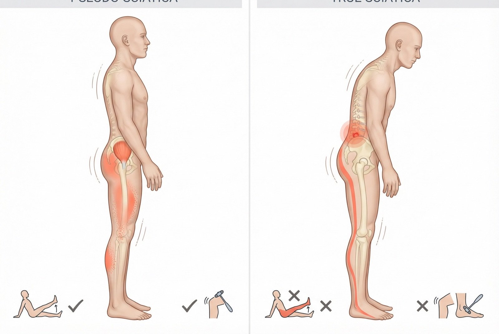 Comparación lado a lado del patrón de dolor referido del glúteo menor (pseudociática) frente a la distribución dermatómica de la radiculopatía S1 (ciática verdadera). Resaltado visual de las diferencias sutiles: exploración neurológica normal en la pseudociática frente a déficit del reflejo aquíleo y alteración sensitiva en el dermatoma S1 en la radiculopatía.
