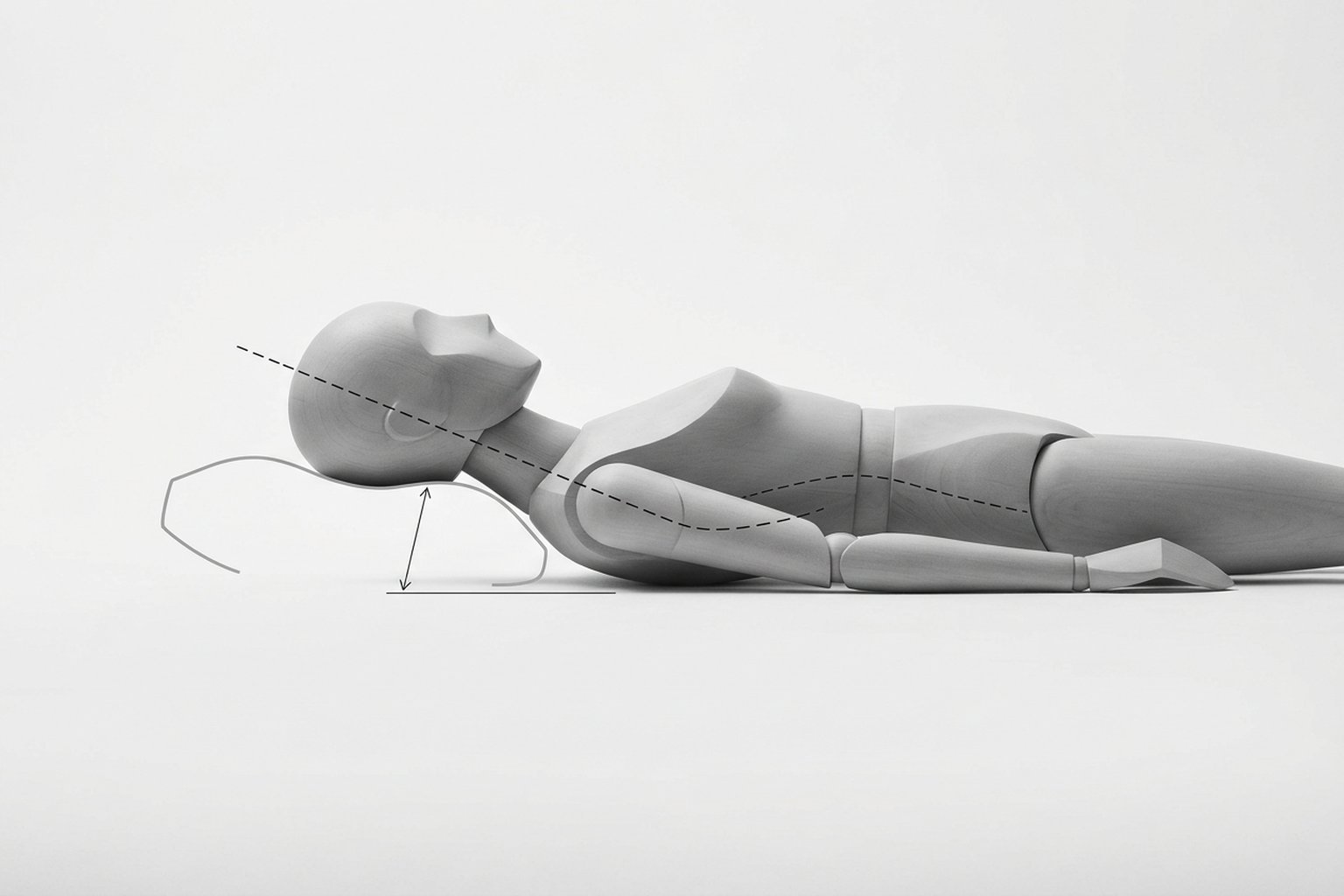 Ilustración: cómo medir la altura ideal de la almohada. Paciente en decúbito lateral, línea discontinua del occipital a la columna torácica indicando alineación neutra, flecha mostrando la distancia hombro-cabeza que debe llenar la almohada
