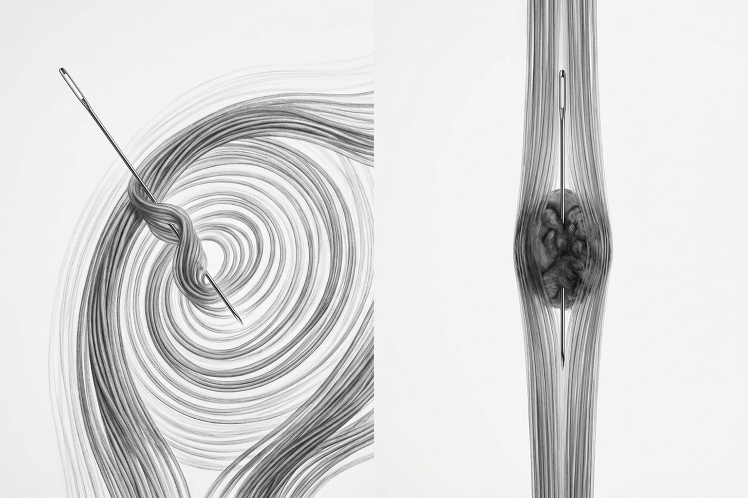 Ilustración comparativa lado a lado: (izquierda) aguja insertada en el plano interfascial con fibras de colágeno enrolladas alrededor — needle grasp; (derecha) aguja penetrando el nódulo de un punto gatillo en la banda tensa — twitch response