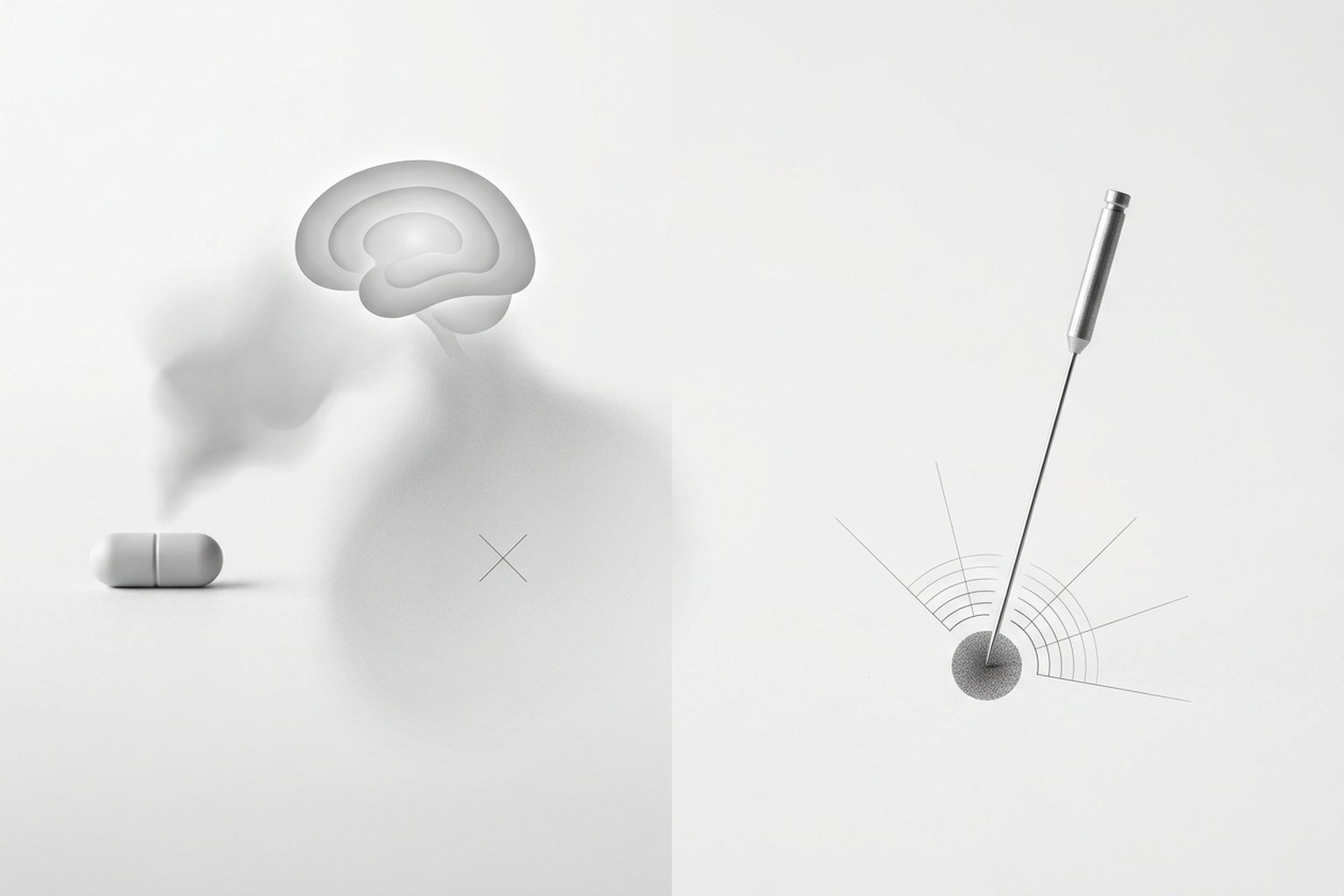Infografía: relajante muscular (ícono de pastilla → cerebro → efecto difuso en todo el cuerpo, con X sobre el punto gatillo) vs. electroacupuntura (aguja → directamente en el punto gatillo → efecto local preciso)