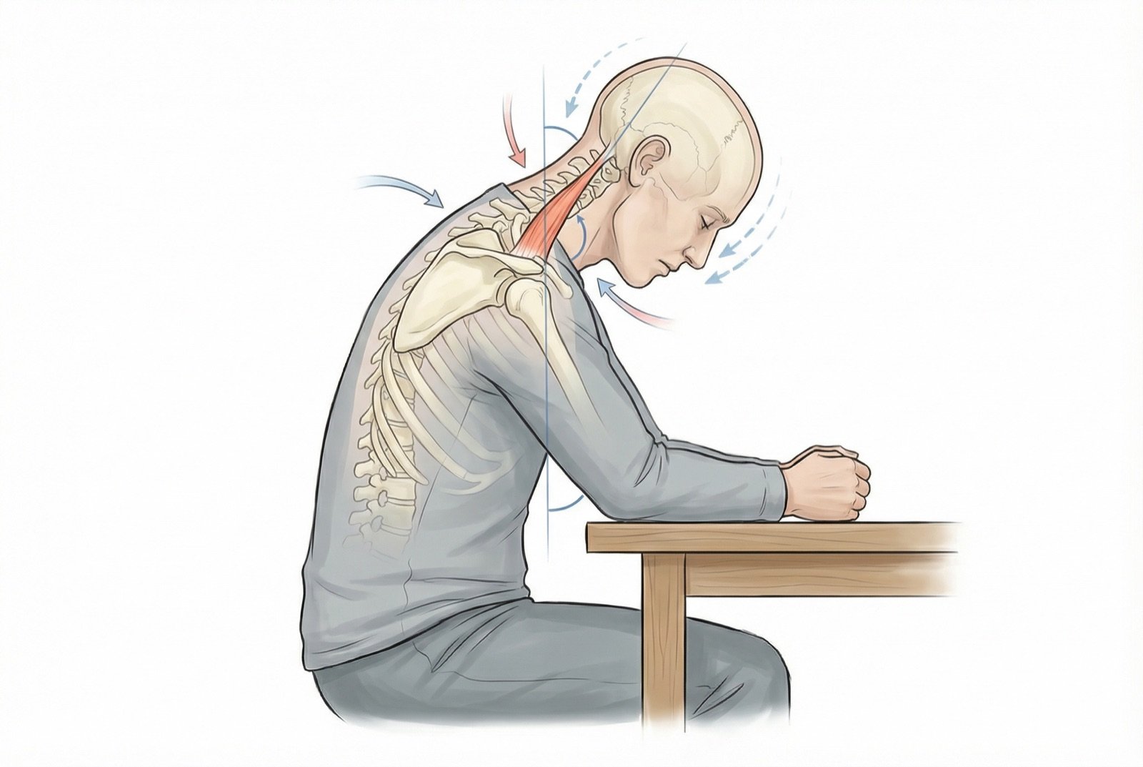 Postura con la cabeza adelantada durante el uso del ordenador — principal factor de sobrecarga del elevador de la escápula, con angulación cervical aumentada y estrés mecánico sobre el músculo.