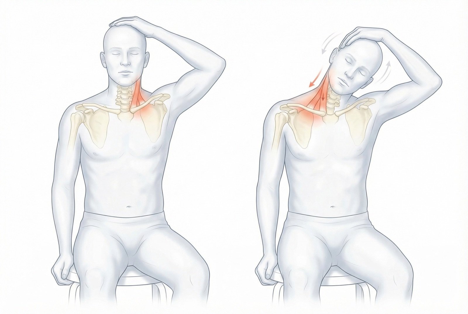 Estiramiento del elevador de la escápula: flexión cervical con rotación contralateral y depresión del hombro, manteniendo 30 segundos en cada lado.