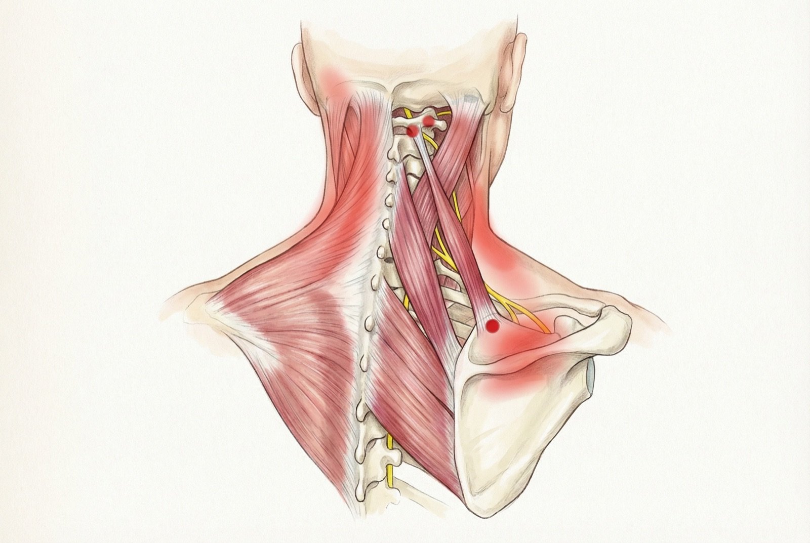 Puntos gatillo del elevador de la escápula: TrP1 en el ángulo cervical superior y TrP2 próximo a la inserción escapular, con patrón de dolor referido a la región posterolateral del cuello y al ángulo cuello-hombro.