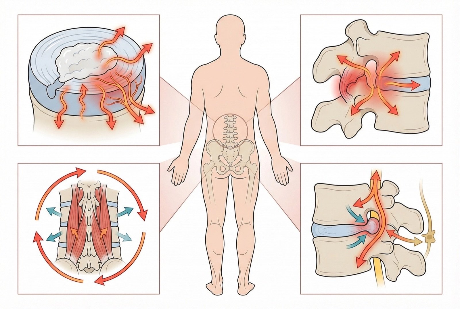 Mecanismos del dolor lumbar: sensibilización periférica, inflamación discal, disfunción facetaria y espasmo muscular protector