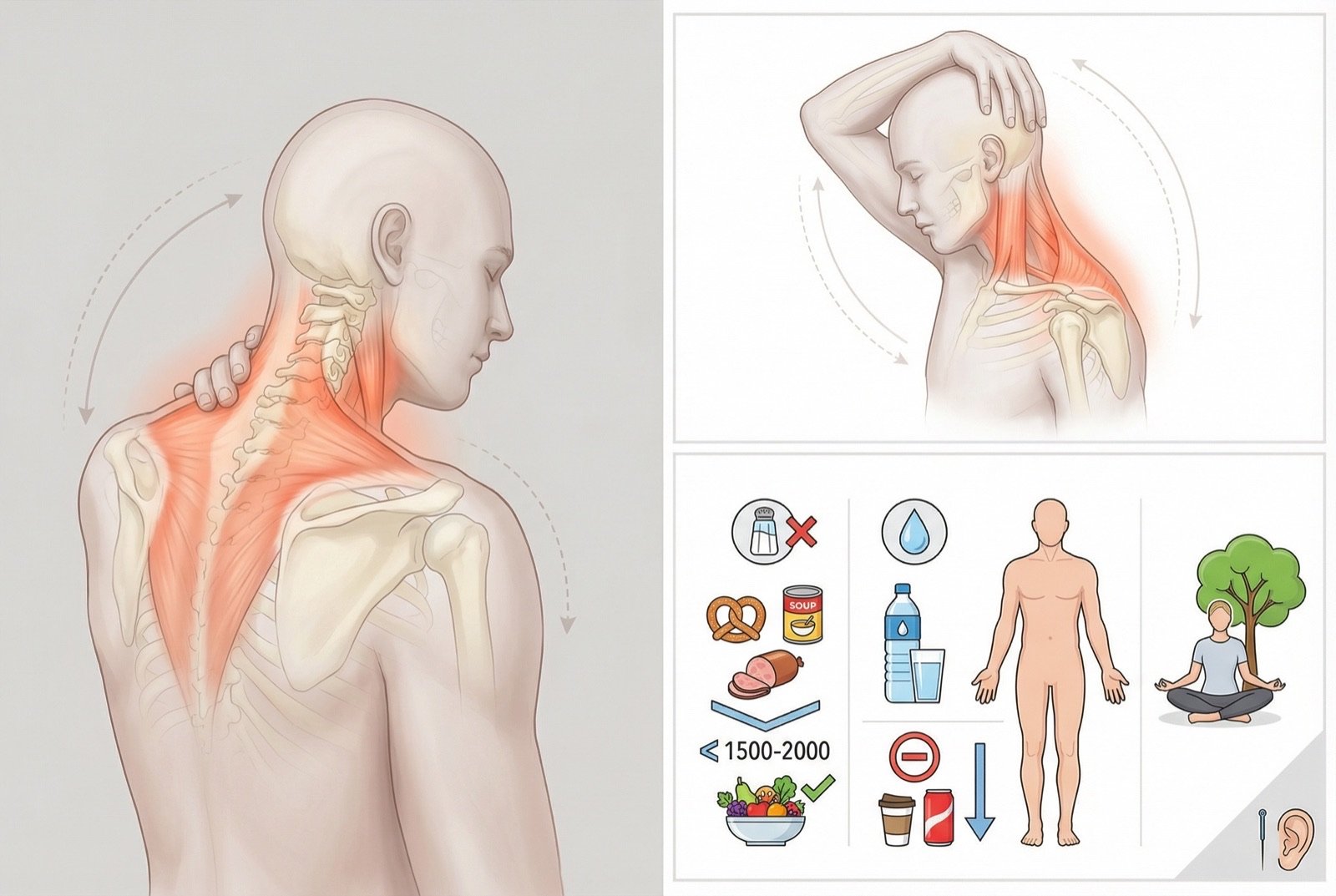 Manejo conservador de la enfermedad de Ménière: restricción de sodio, hidratación adecuada, reducción de cafeína y estrés, y papel de la acupuntura como complemento