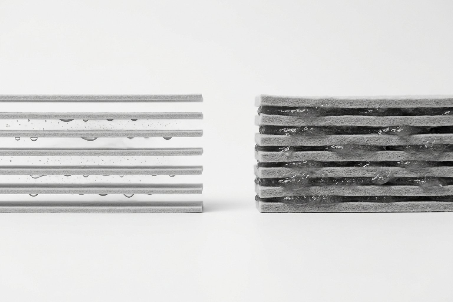 Microfotografía esquemática: comparación entre fascia sana (capas deslizantes separadas por ácido hialurónico de baja viscosidad) y fascia densificada (capas adheridas por HA agregado de alta viscosidad)