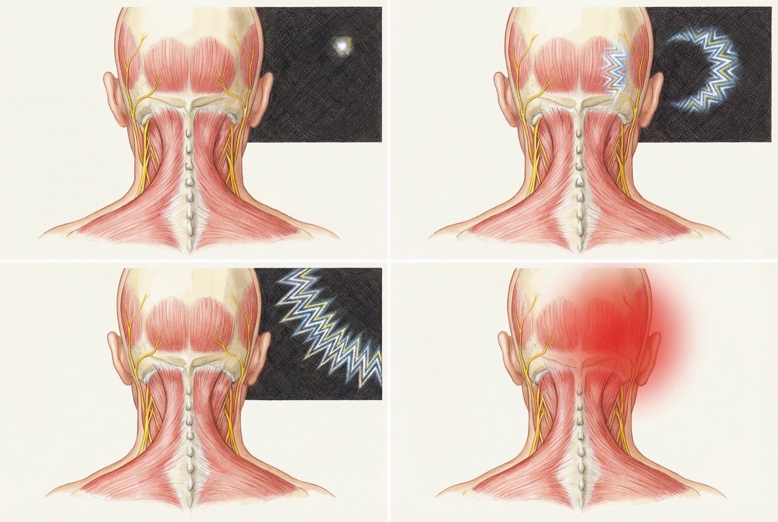 Fenómenos visuales del aura migrañosa: escotoma centelleante, líneas en zigzag (espectro de fortificación), progresión típica a lo largo de 5 a 60 minutos