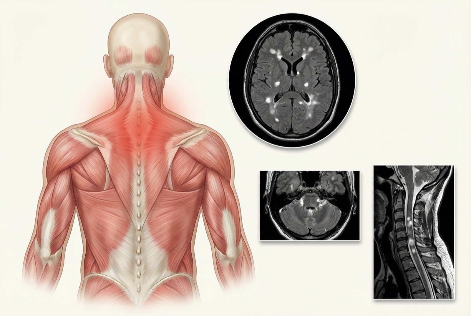 Resonancia magnética en la esclerosis múltiple: lesiones desmielinizantes periventriculares, yuxtacorticales, infratentoriales y medulares (criterios de McDonald)