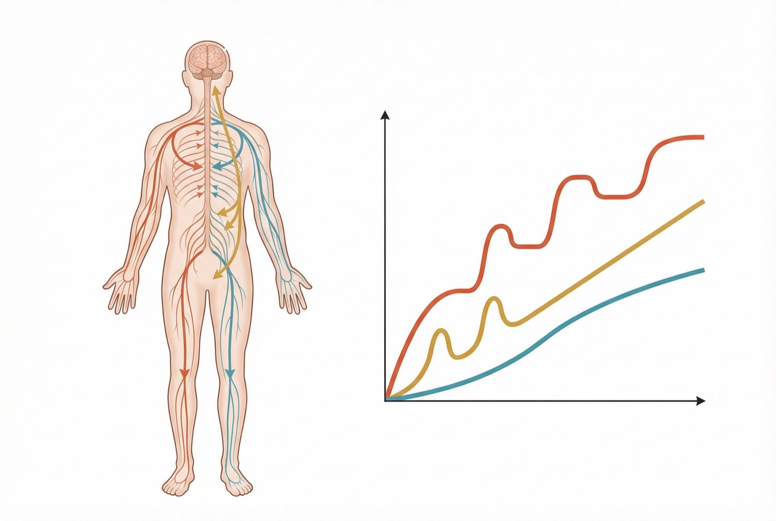 Formas clínicas de la esclerosis múltiple: remitente-recurrente (EMRR), secundaria progresiva (EMSP) y primaria progresiva (EMPP), con evolución típica de la discapacidad a lo largo del tiempo