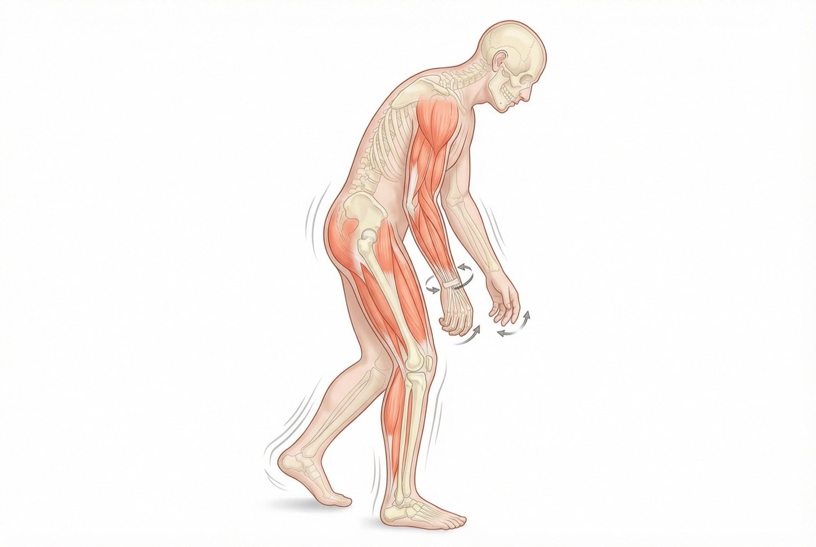 Síntomas cardinales de la enfermedad de Parkinson: temblor de reposo, bradicinesia, rigidez e inestabilidad postural.