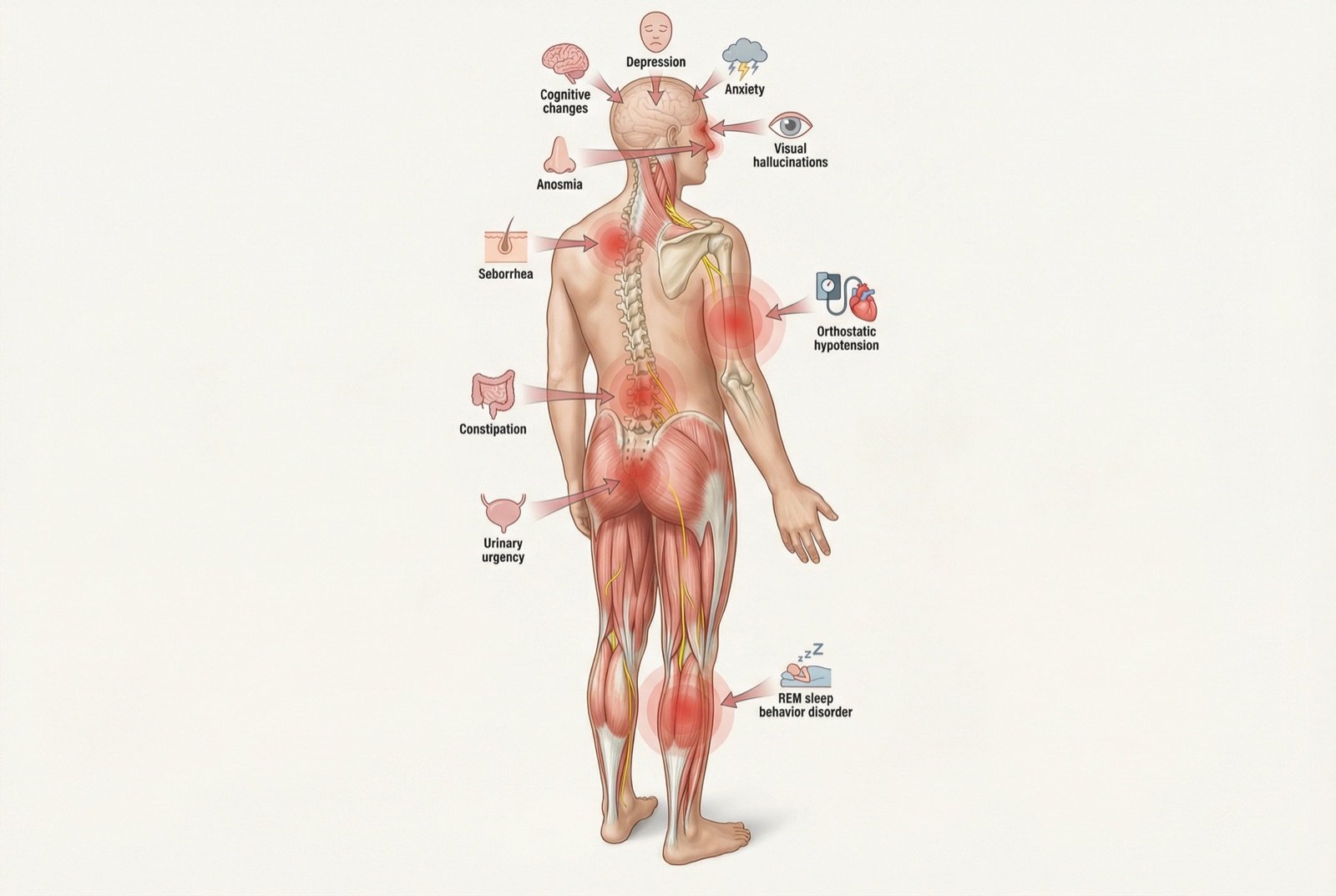 Síntomas no motores de la enfermedad de Parkinson: anosmia, estreñimiento, trastorno del sueño REM, depresión, hipotensión ortostática y disfunción cognitiva.