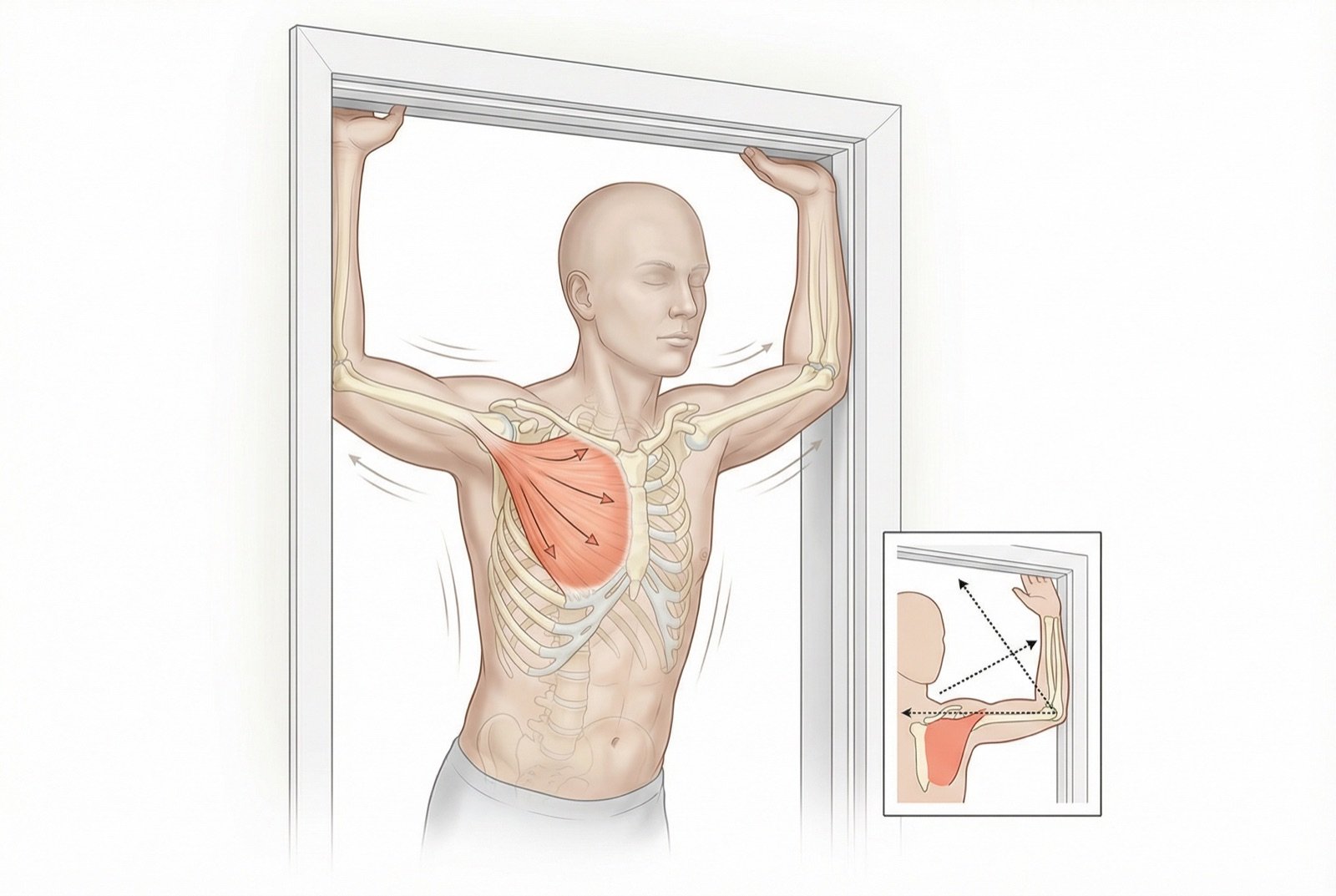 Estiramiento del pectoral menor en el marco de la puerta (doorway stretch): el paciente coloca los antebrazos contra los marcos de la puerta con los codos a la altura de los hombros e inclina el tronco hacia delante hasta sentir el estiramiento en la región anterior del pecho. Mantener 30 segundos, repetir 3 veces.