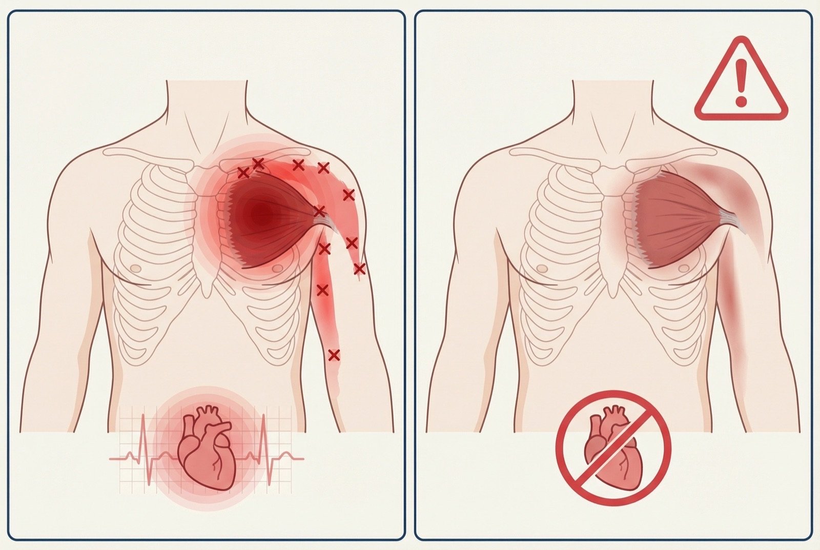 Mimetismo cardíaco del pectoral menor: comparación entre el patrón de dolor referido de los puntos gatillo (pecho anterior, brazo medial, dedos cubitales) y el dolor anginoso clásico. Ambos presentan dolor en presión u opresión en el pecho con irradiación al miembro superior.