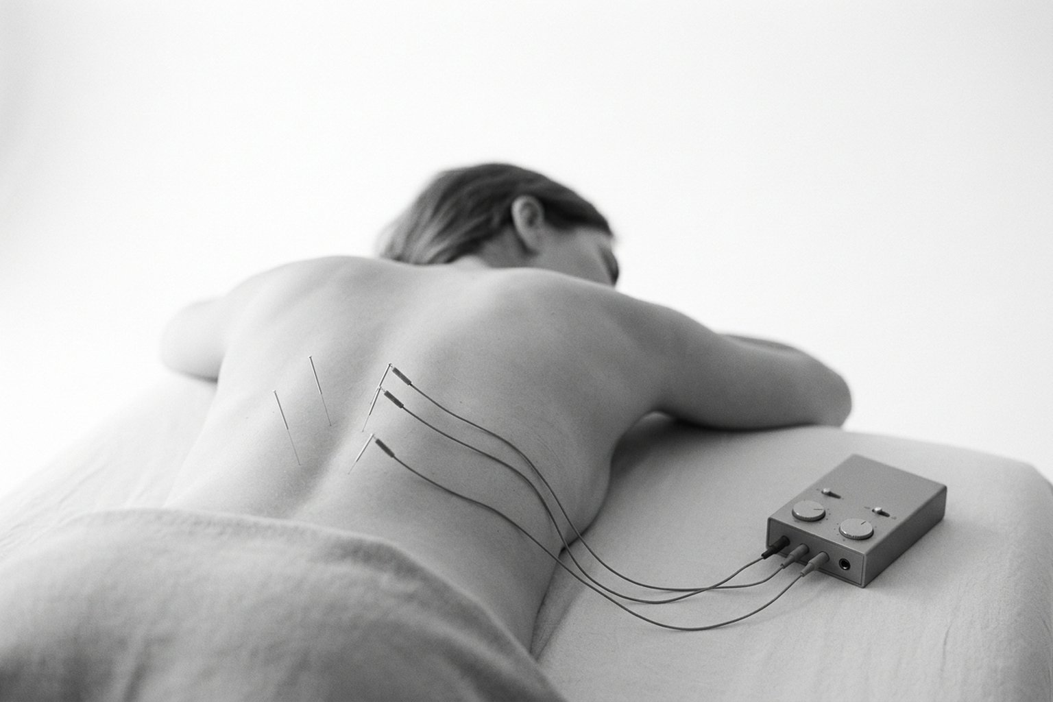 Protocolo PENS: paciente en decúbito ventral con 4 agujas finas paravertebrales conectadas a un electroestimulador de baja frecuencia