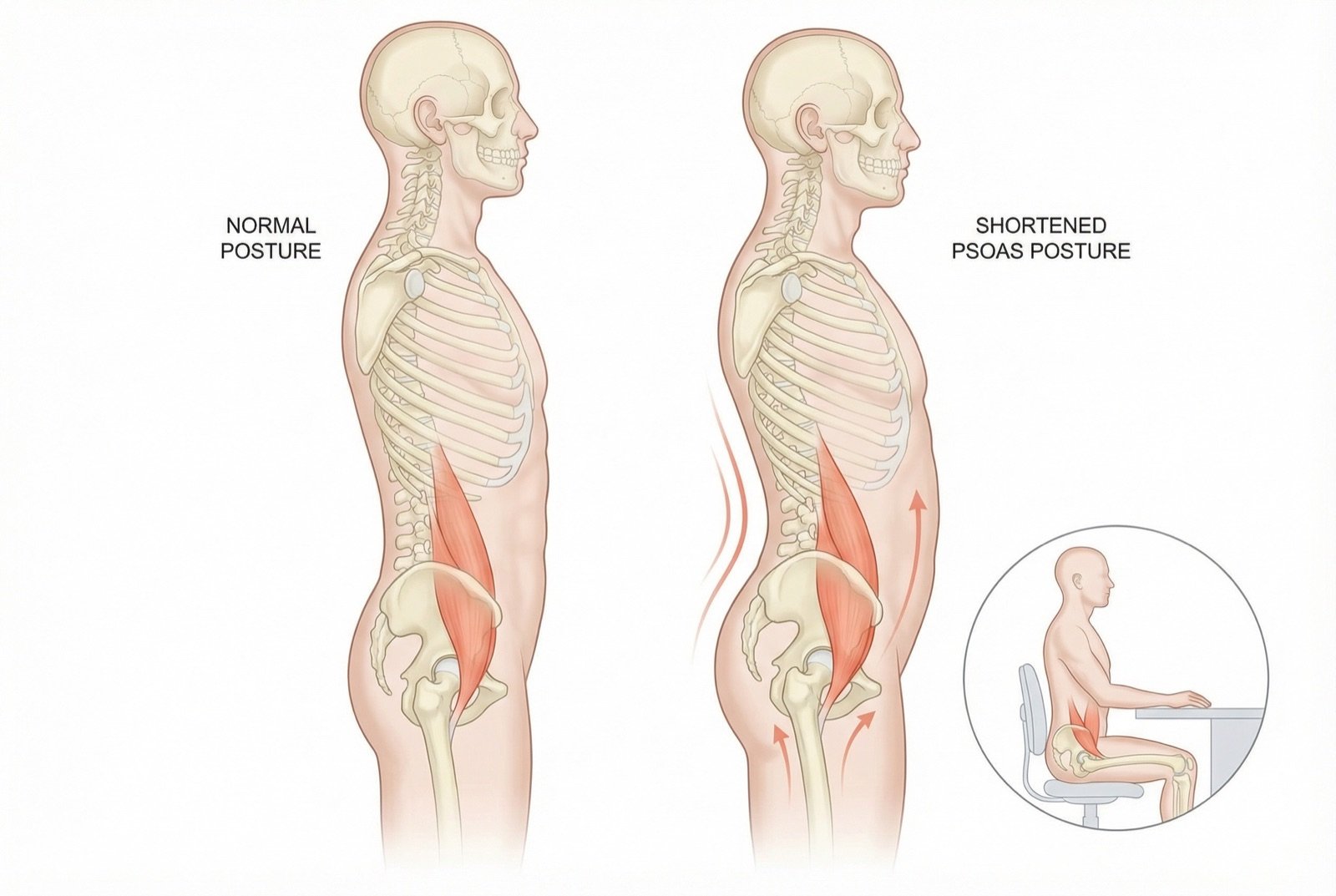 Postura del psoas tenso: el acortamiento crónico provoca hiperlordosis lumbar, anteversión pélvica y flexión de cadera; ciclo vicioso que perpetúa la lumbalgia, sobre todo en quienes permanecen sentados durante períodos prolongados.