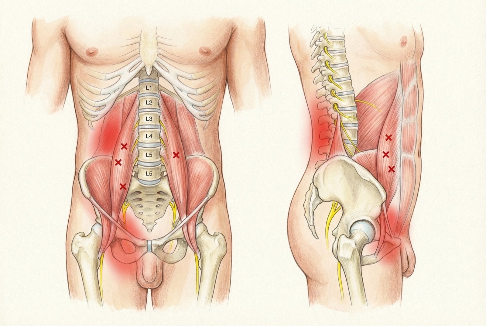 Puntos gatillo del psoas mayor: dolor referido a la columna lumbar paravertebral ipsilateral y a la ingle anterior; patrón que simula la radiculopatía lumbar L2-L3 o la afección abdominal.