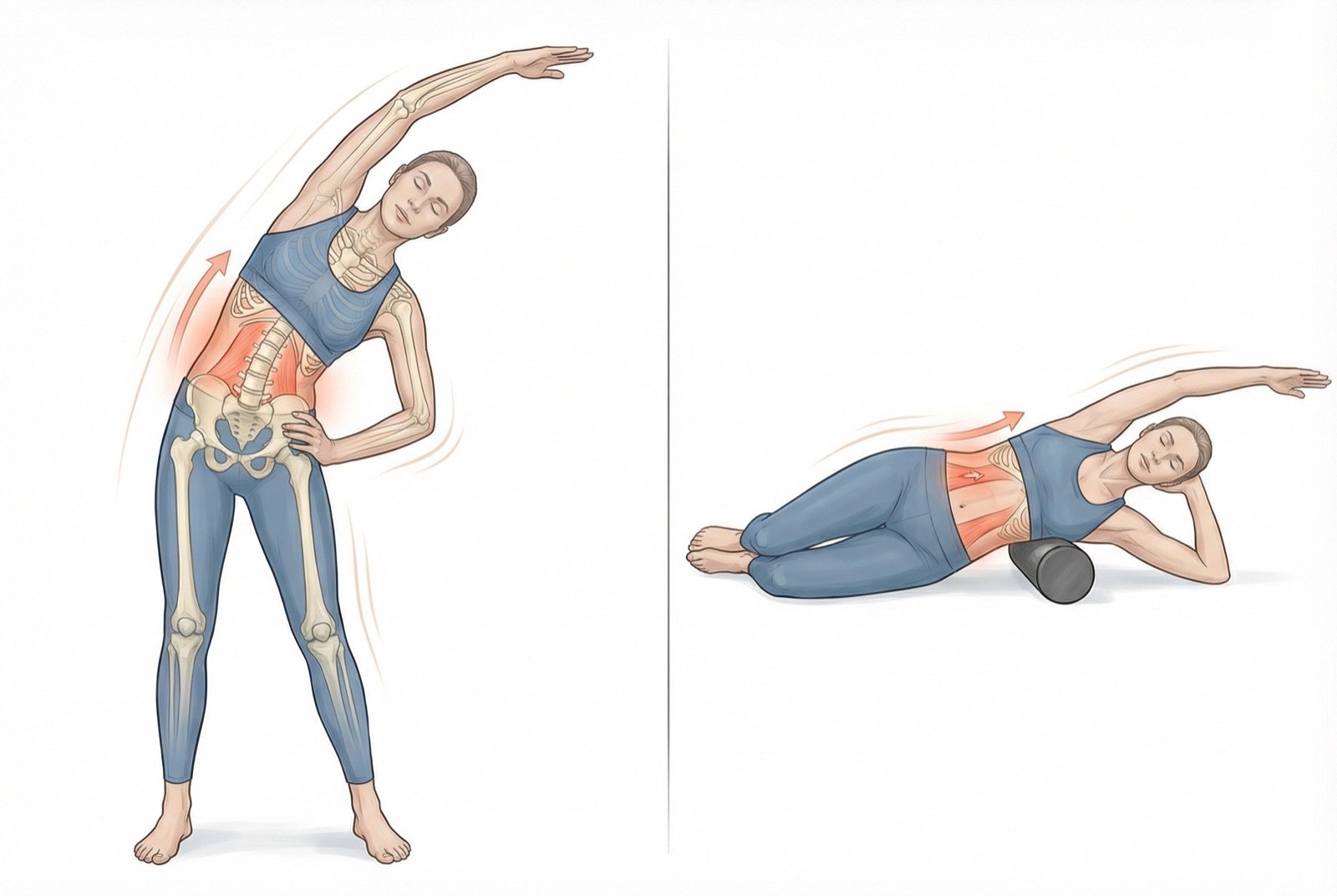 Estiramiento lateral del cuadrado lumbar: inclinación lateral del tronco con el brazo elevado, utilizando la gravedad y una ligera tracción para estirar las fibras del QL contralateral. Mantener 30 segundos, 3 repeticiones por lado.