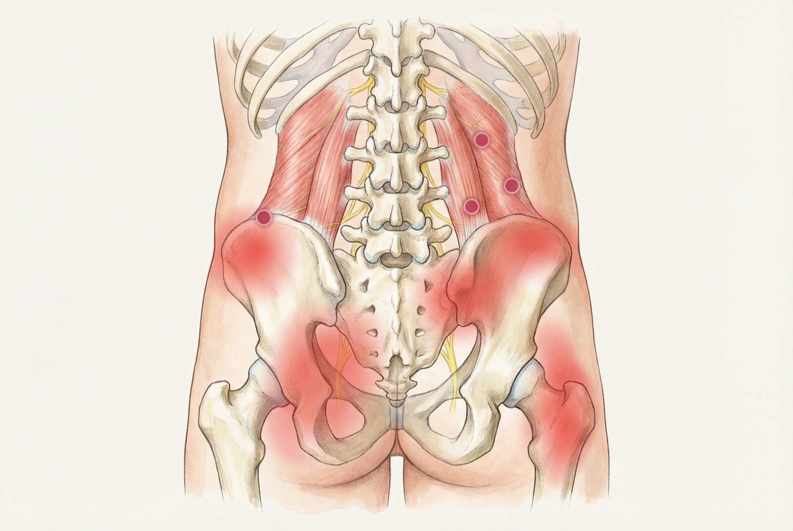 Puntos gatillo del cuadrado lumbar: TrP1 (fibras iliocostales superficiales — dolor sacroilíaco), TrP2 (fibras iliocostales profundas — dolor en la nalga), TrP3 (fibras iliolumbares — lumbalgia profunda e ingle), TrP4 (fibras costotransversas — dolor en el flanco). Los puntos de acupuntura BL52 y BL23 corresponden a la región de los TrP1-TrP3.