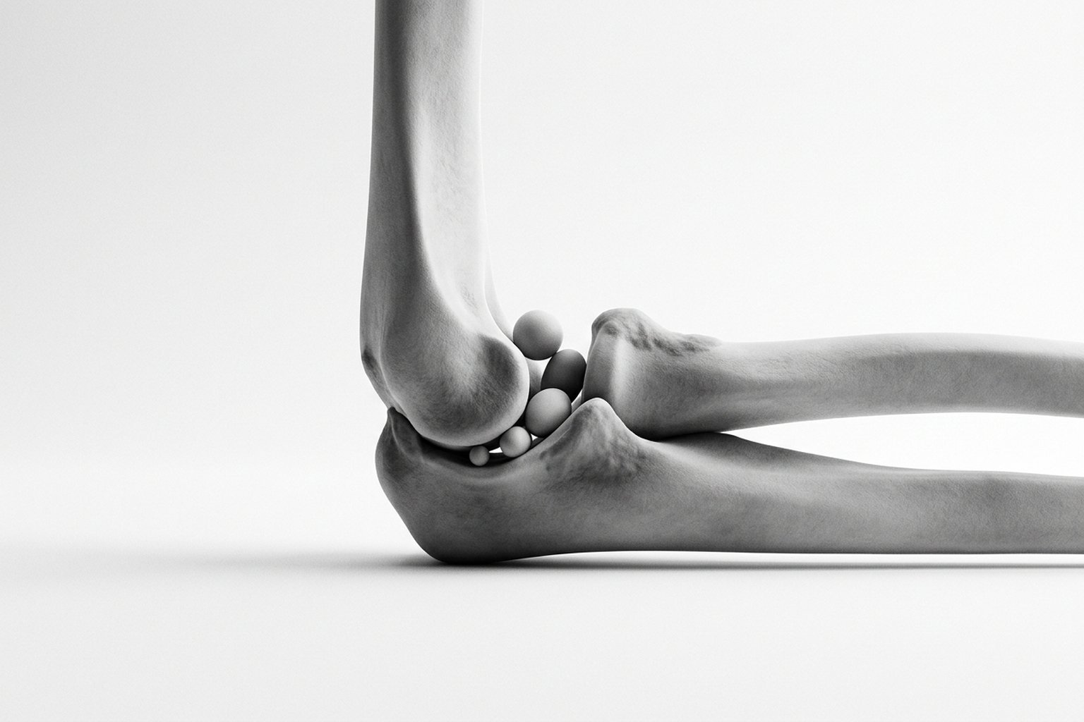 Radiografía lateral del codo con artrosis: osteofitos en la fosa olecraneana y coronoidea, pinzamiento articular húmero-cubital y cuerpos libres articulares
