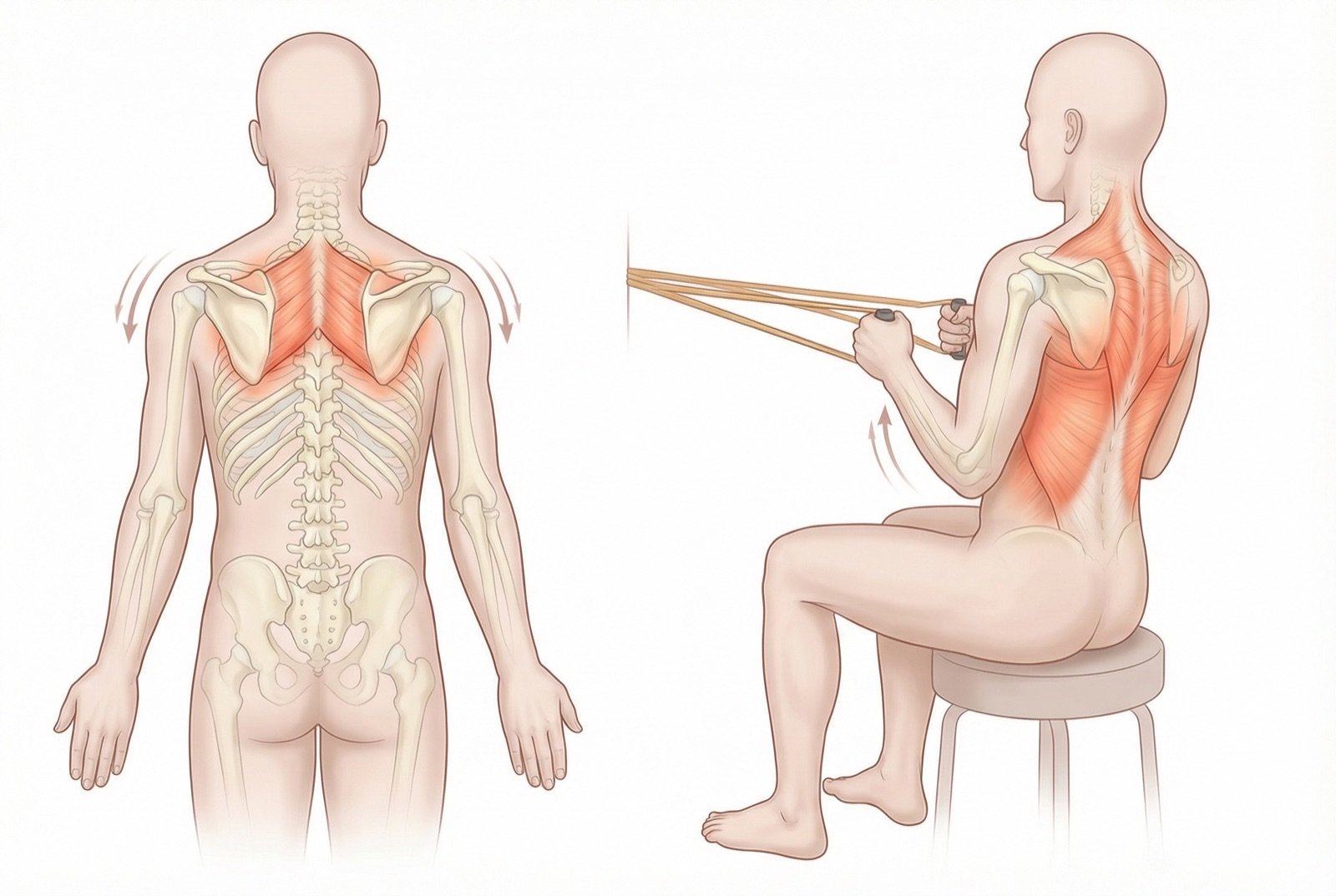 Ejercicio de retracción escapular para el fortalecimiento de los romboides: paciente sentado, con los brazos a los lados del cuerpo, retrae las escápulas hacia la columna manteniendo los hombros bajos, mantiene la posición durante 5 segundos y relaja.