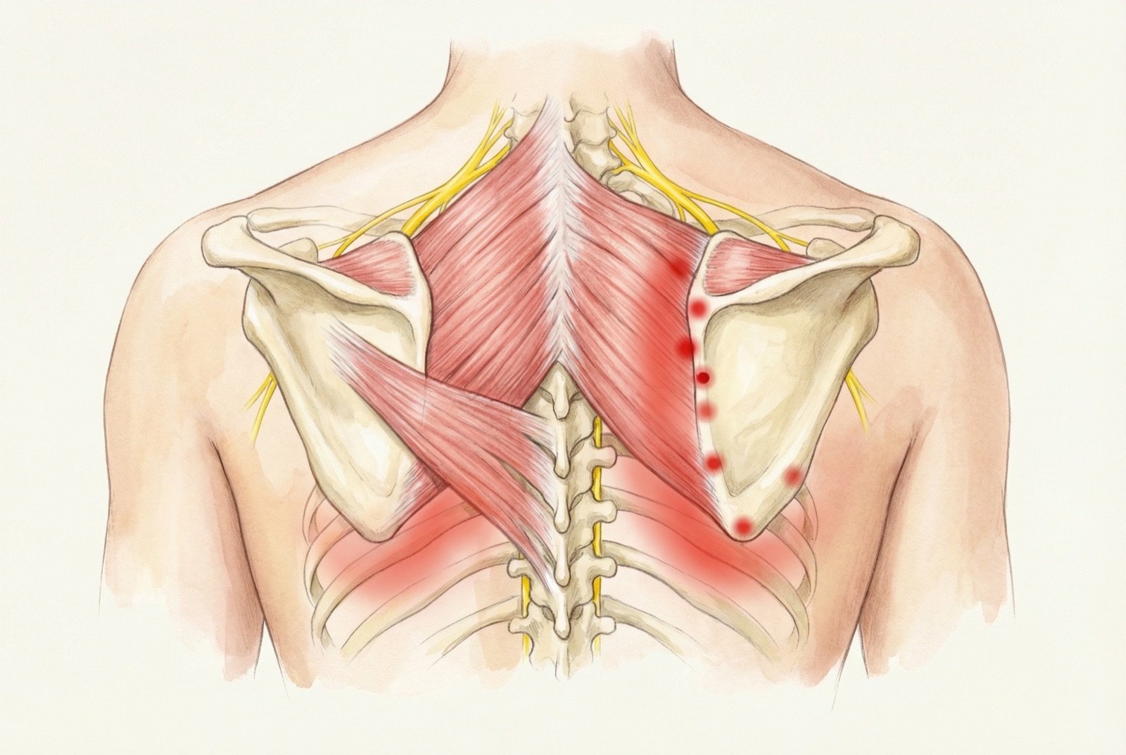 Anatomía de los músculos romboides mayor y menor, que muestra el origen en las apófisis espinosas C7-T5, la inserción en el borde medial de la escápula y la relación con el trapecio suprayacente.