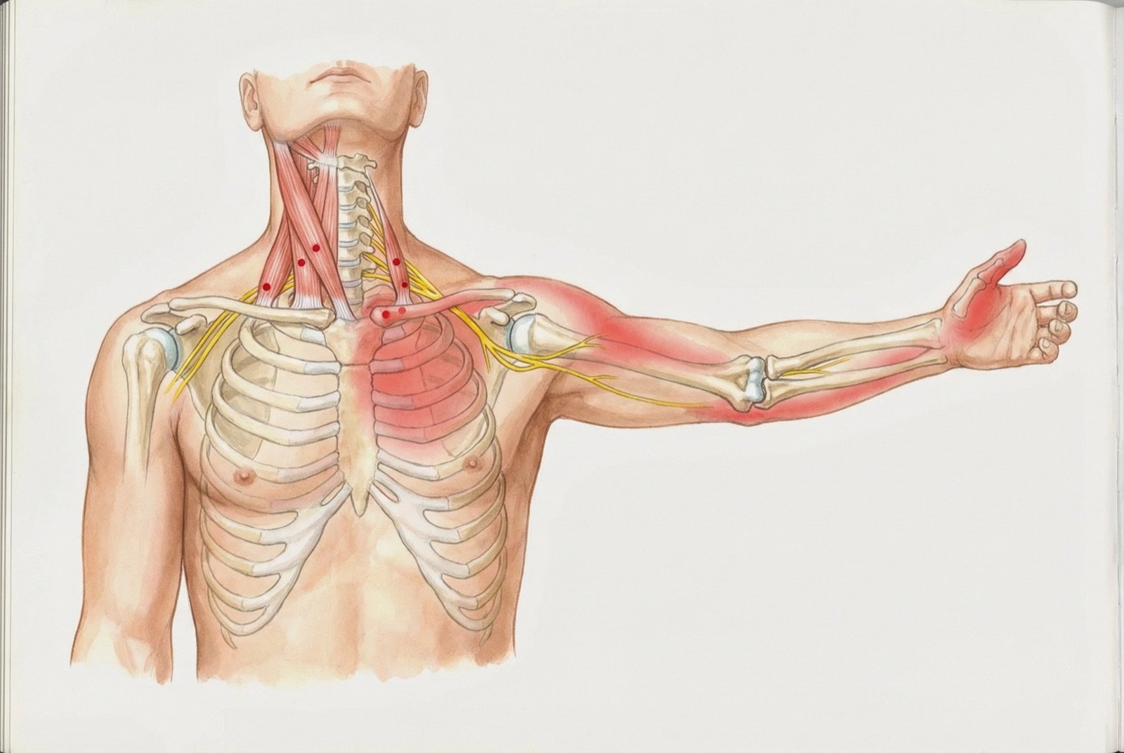 Puntos gatillo de los escalenos con patrón de dolor referido: dolor pectoral anterior, cara lateral del brazo y antebrazo, y dedos pulgar e índice: simula radiculopatía cervical o síndrome del túnel carpiano.
