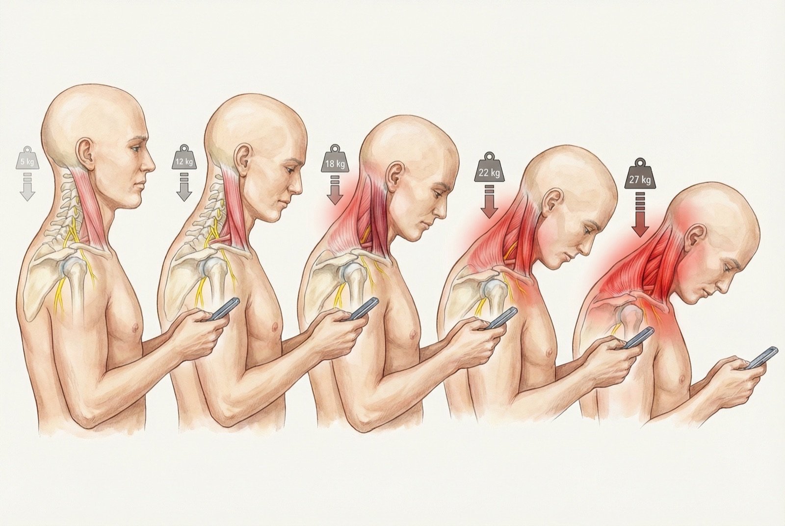 Mecanismo de sobrecarga del ECM: postura de cabeza adelantada durante el uso del smartphone (text neck), con aumento progresivo de la carga cervical de 5 kg (posición neutra) a 27 kg (60 grados de flexión).
