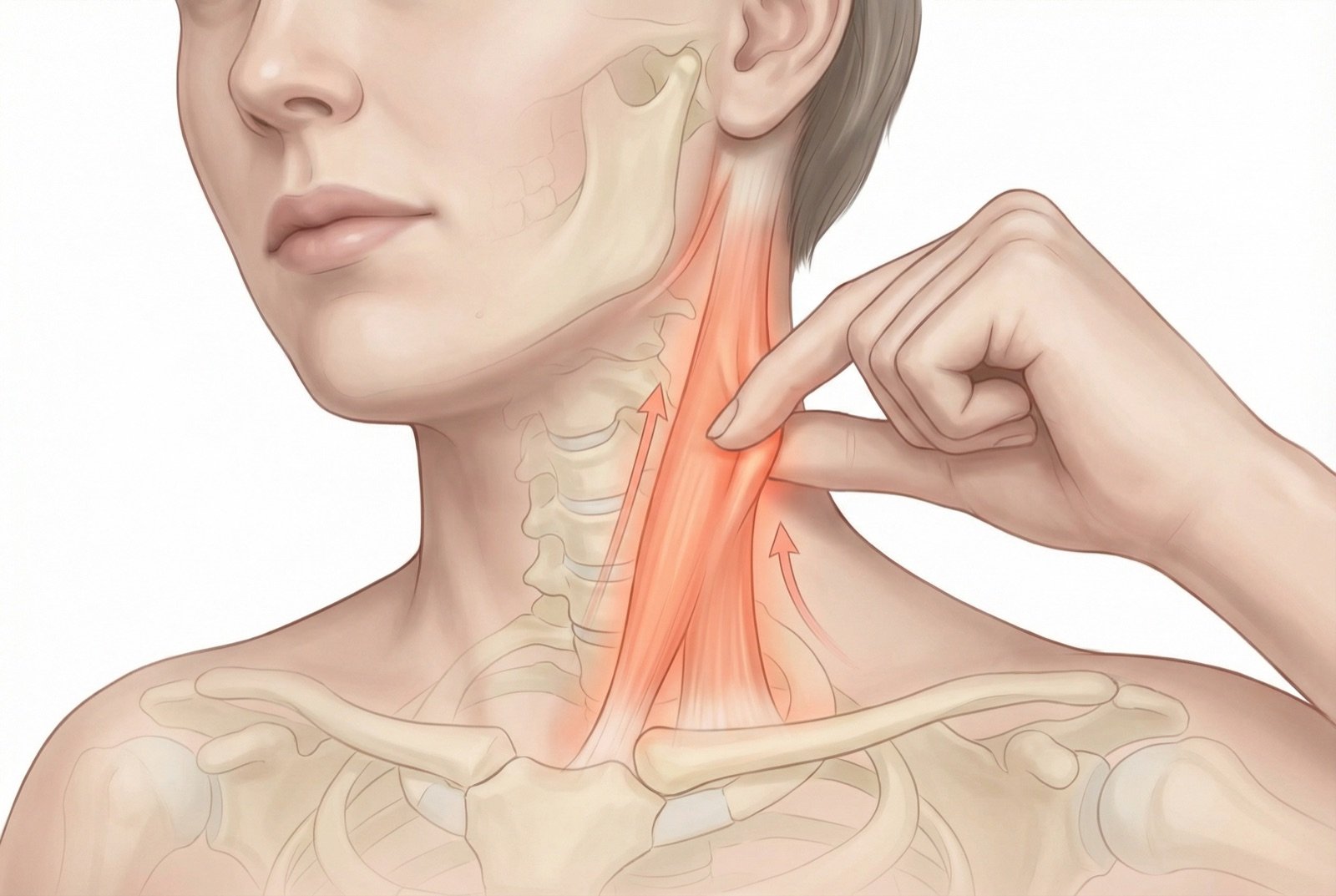 Automasaje del ECM: técnica de pinza con pulgar e índice a lo largo de las fibras del músculo, de abajo (clavícula) hacia arriba (apófisis mastoides), con la cabeza rotada al lado opuesto.