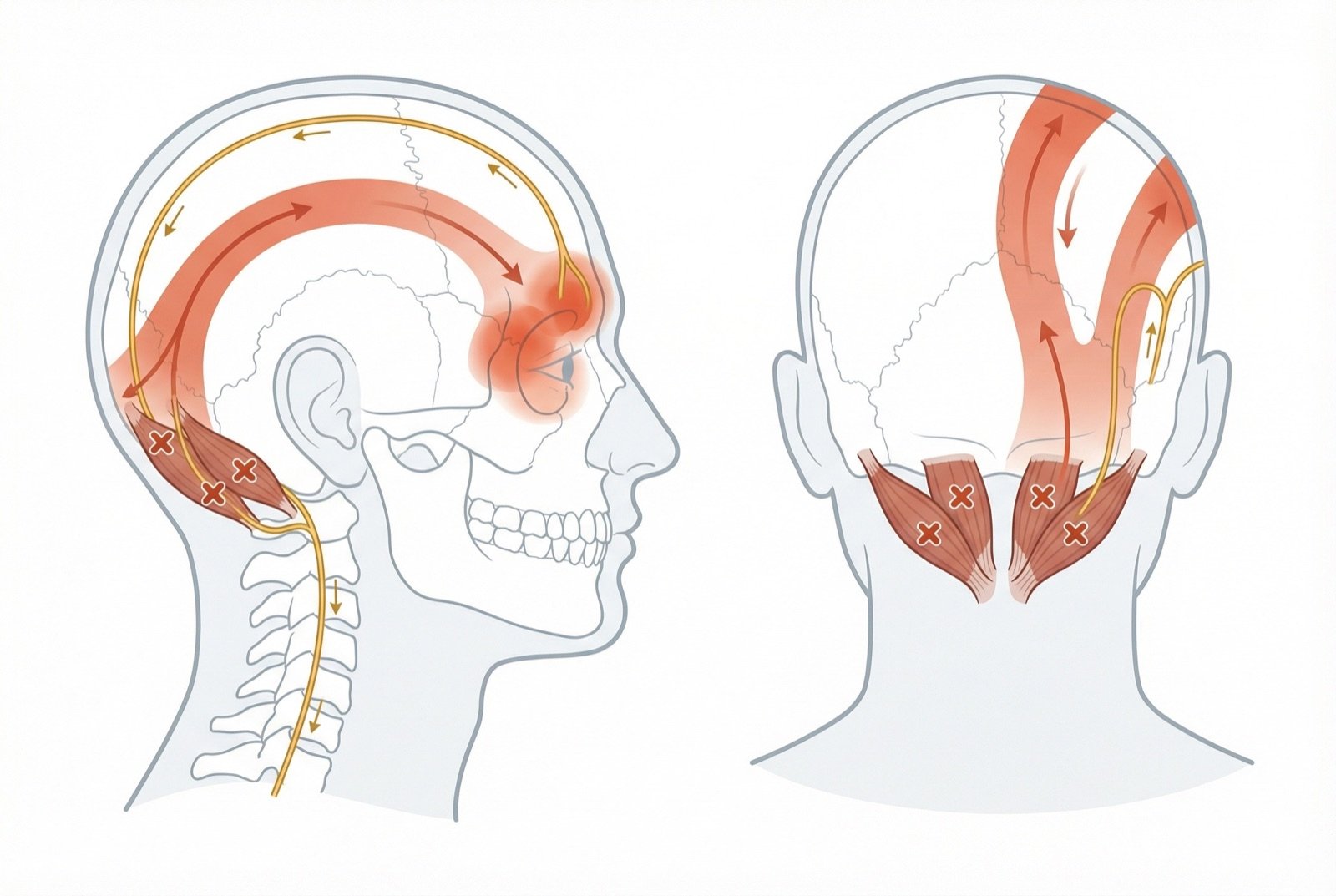 Puntos gatillo suboccipitales: dolor referido que abarca la cabeza como una banda, desde la región occipital hasta la órbita y la región frontal ipsilateral — patrón clásico de la cefalea cervicogénica.