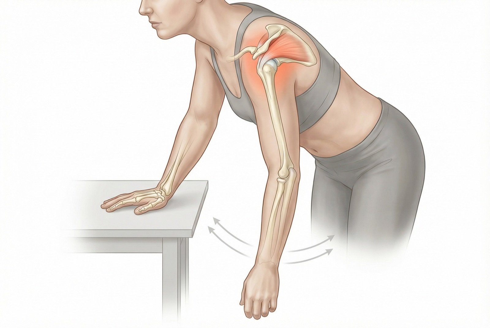 Ejercicio pendular de Codman para el supraespinoso: paciente inclinado hacia delante con el brazo colgando, realizando pequeños círculos con ayuda de la gravedad para mantener la movilidad glenohumeral sin contraer el manguito rotador.