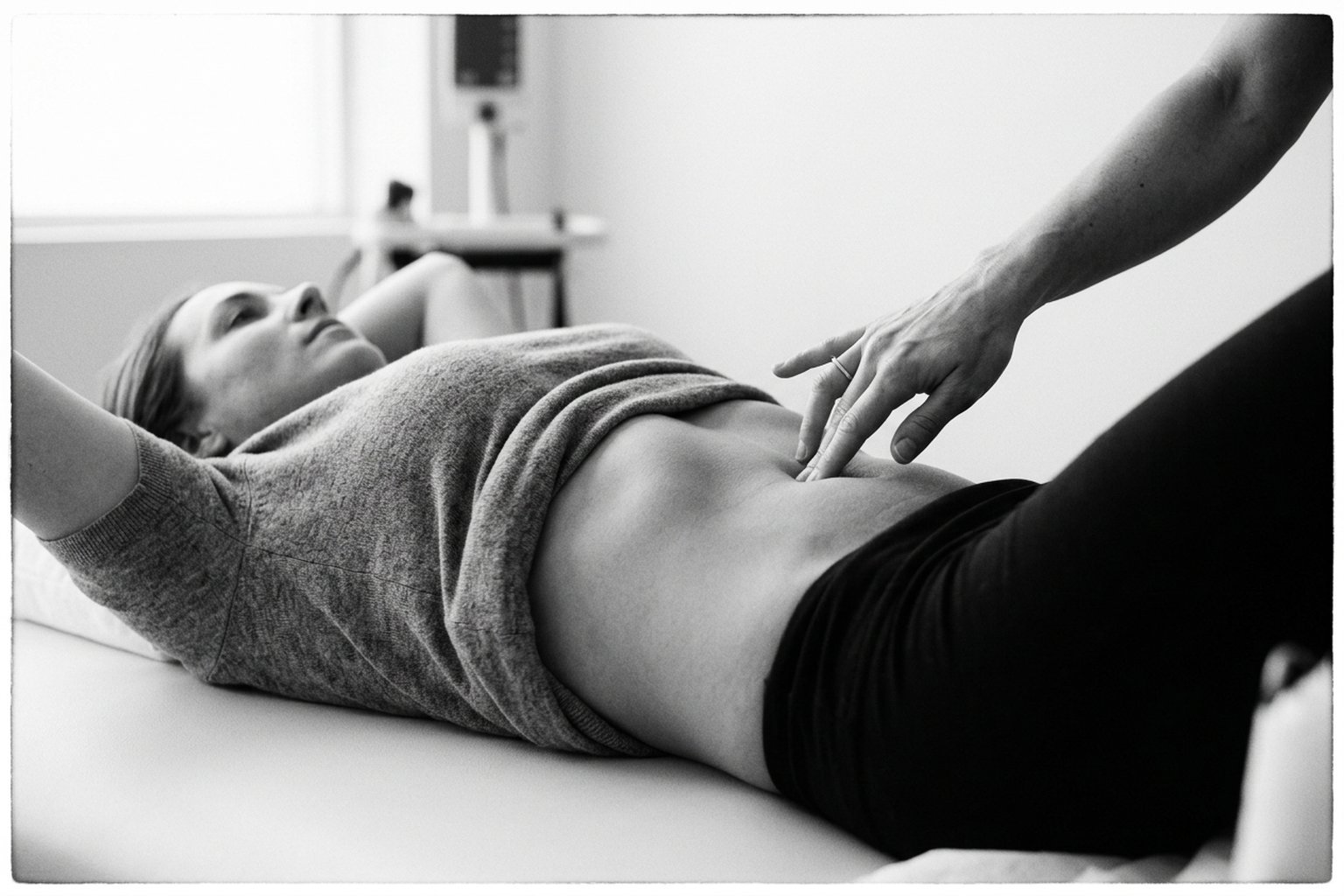 Prueba clínica para la diástasis abdominal: paciente en decúbito supino con las rodillas flexionadas que realiza una elevación de cabeza y hombros mientras el examinador palpa la línea alba con los dedos para medir la anchura de la separación interrecto por encima, a la altura y por debajo del ombligo.