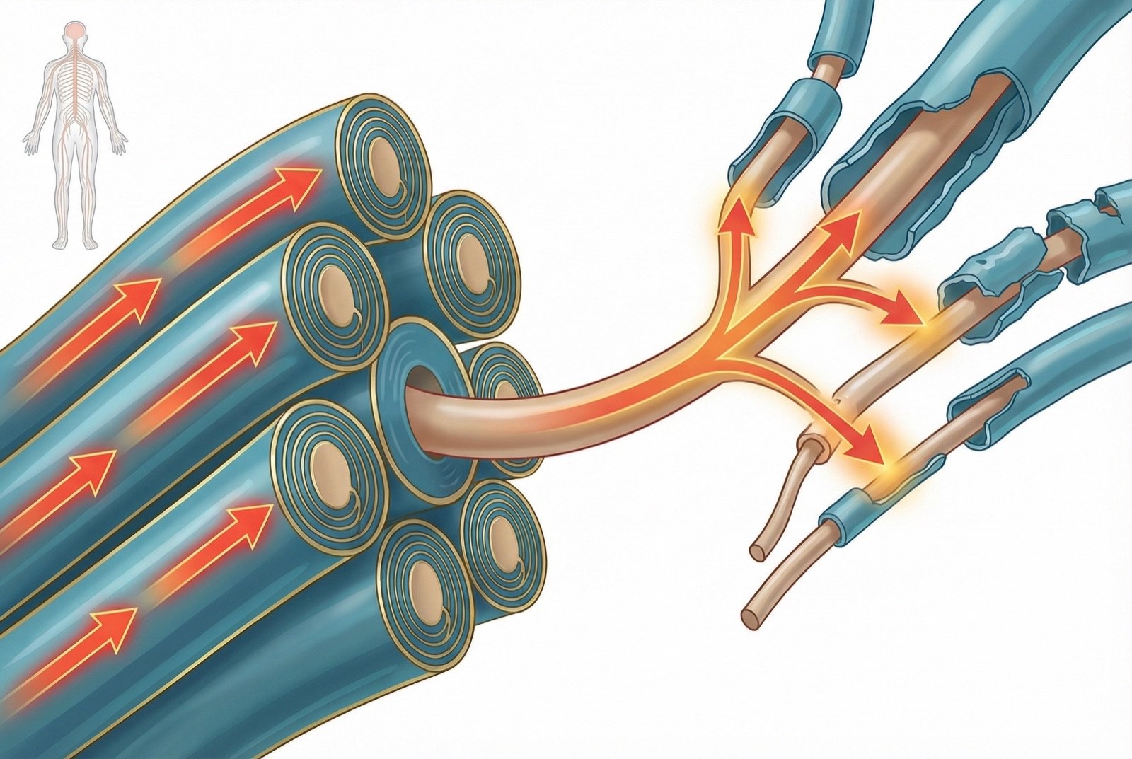 Transmisión efáptica en la neuralgia del trigémino: la desmielinización focal permite que los impulsos táctiles activen fibras de dolor adyacentes.