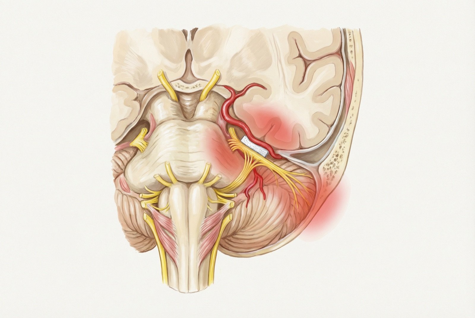 Descompresión microvascular (procedimiento de Jannetta): separación de la arteria compresora de la raíz del nervio trigémino con interposición de material protector.