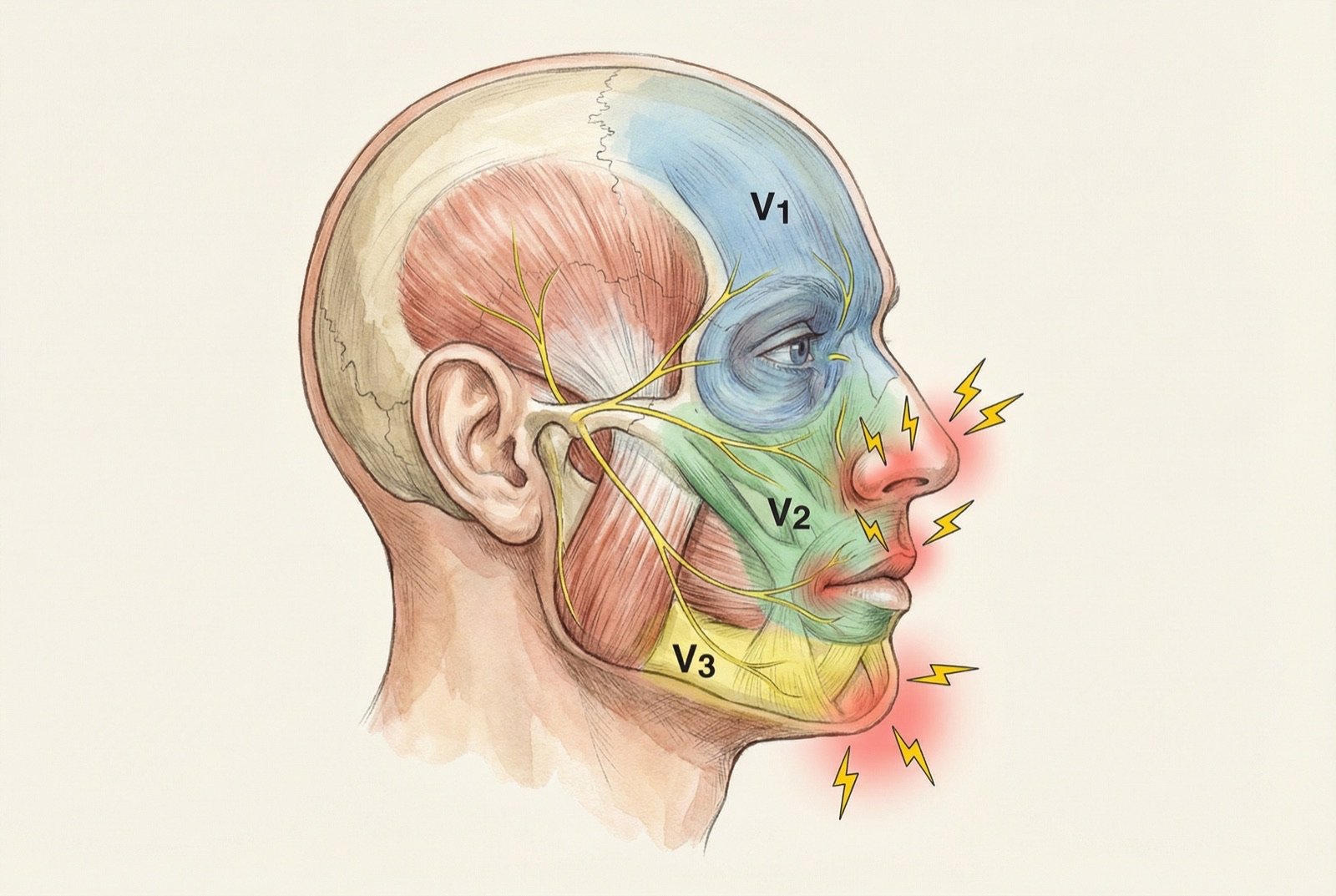 Zonas gatillo en la neuralgia del trigémino: áreas faciales donde estímulos leves (tacto, viento, masticación) desencadenan los paroxismos de dolor.