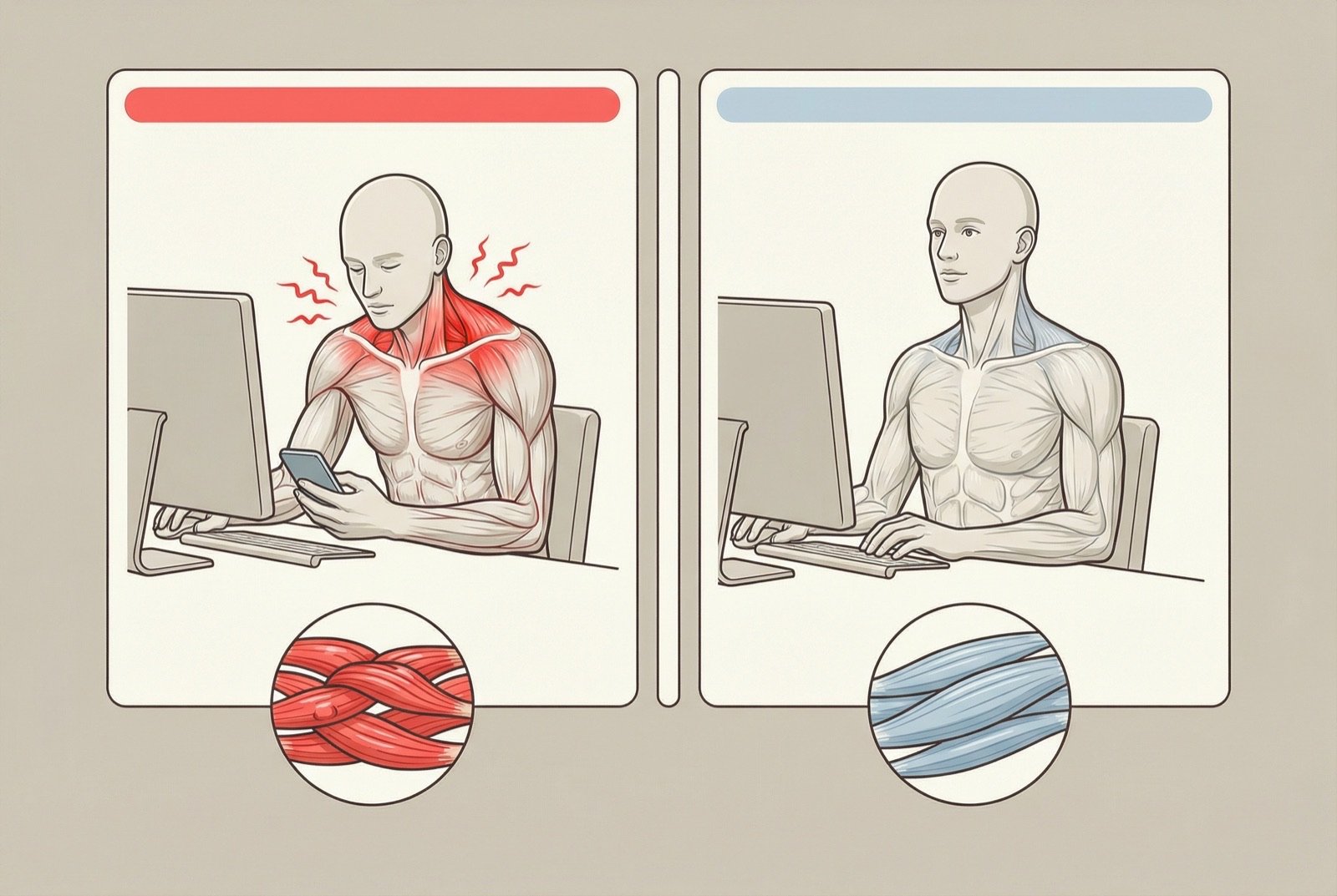 Elevación crónica de los hombros por estrés: el patrón postural más frecuente de activación de puntos gatillo en el trapecio superior, a menudo inconsciente durante el trabajo con ordenador, el uso del móvil y las situaciones de tensión emocional.