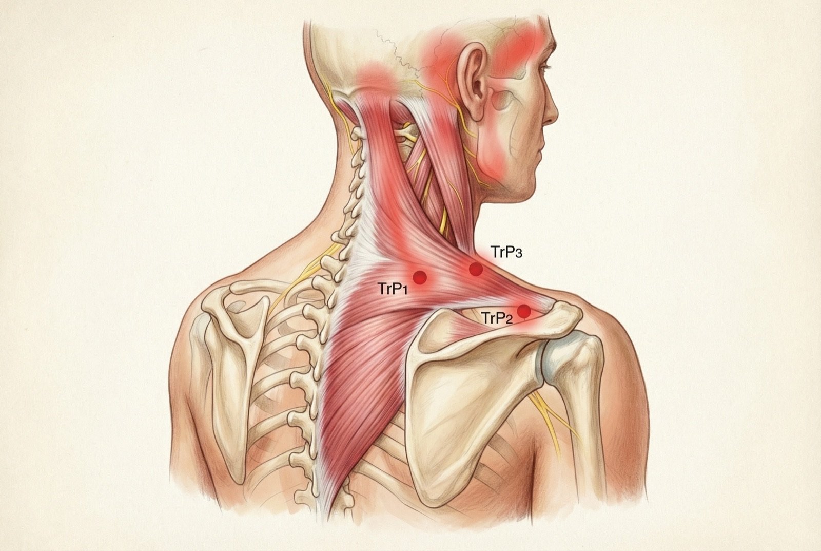 Puntos gatillo del trapecio superior: TrP1 (vientre medio — cefalea temporal), TrP2 (borde lateral — dolor mandibular y de oreja), TrP3 (borde anterior — cefalea frontal). El TrP1 coincide con el punto de acupuntura GB21.